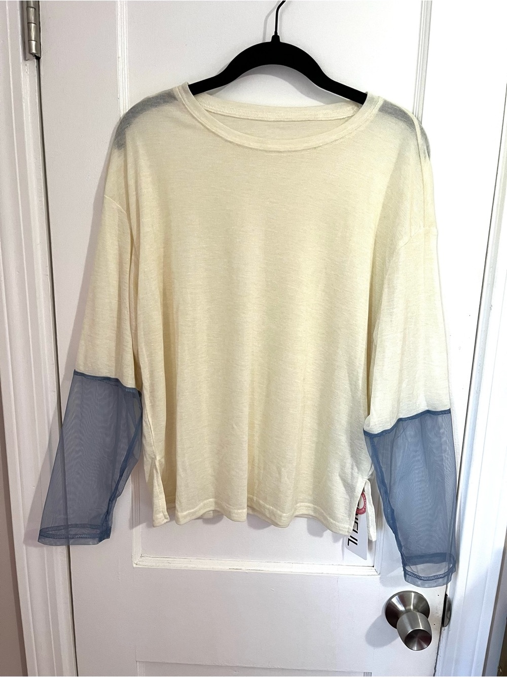 NWT SHEIN Cream Long Sleeve Top with Sheer Blue Sleeves